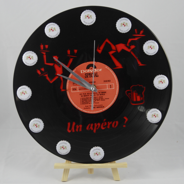 Horloge en vieux vinyle 33 tours modèle Kro avec capsules de bière cadeau
